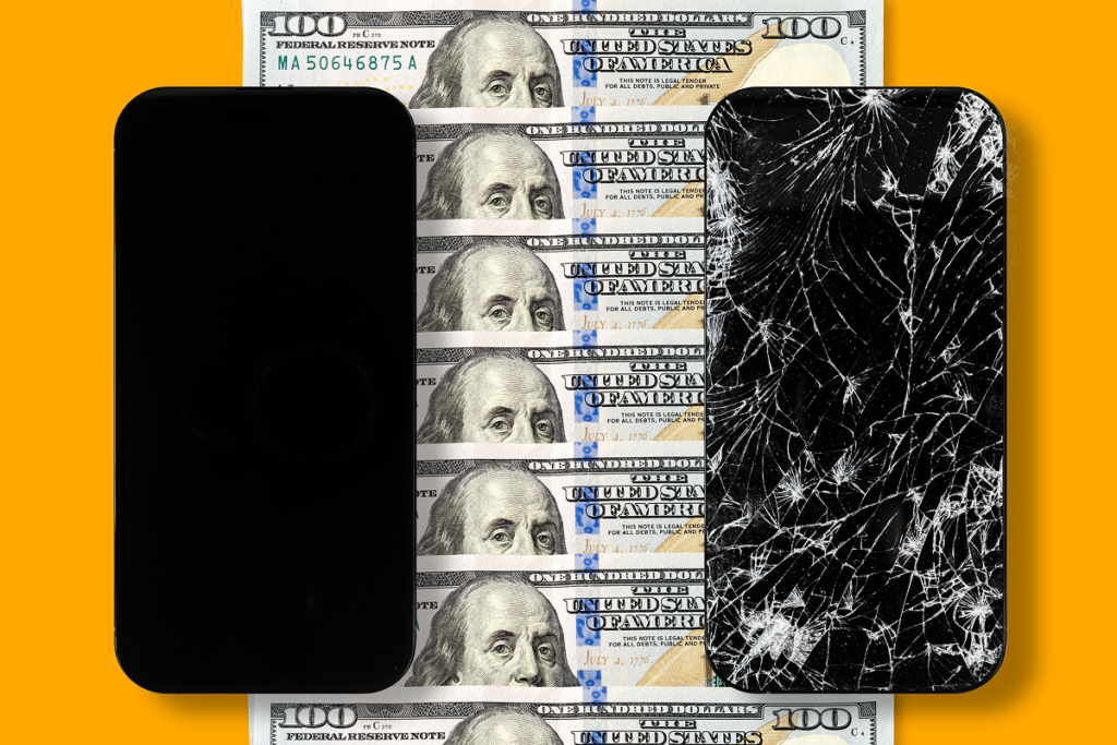 Broken iPhone with cracked screen beside cash representing its resale value