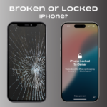 Broken iPhone with a shattered screen next to an iPhone displaying the Activation Lock message