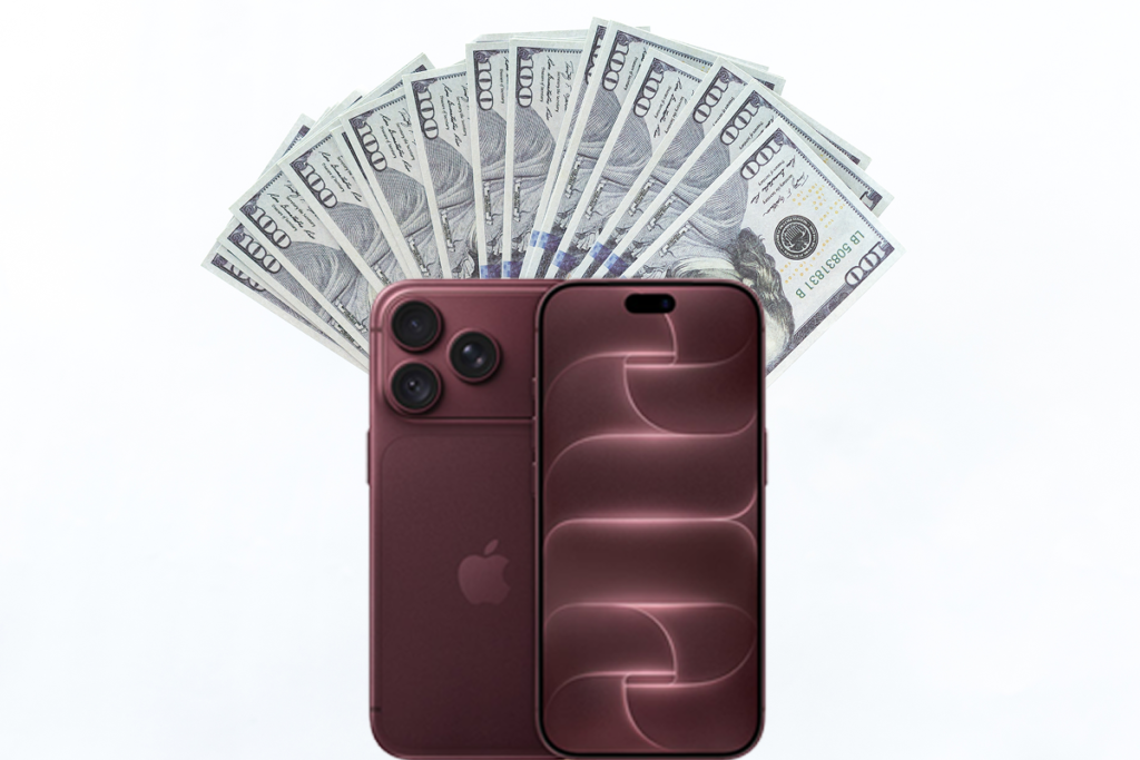 iPhone displayed with cash representing a potential pawn shop offer
